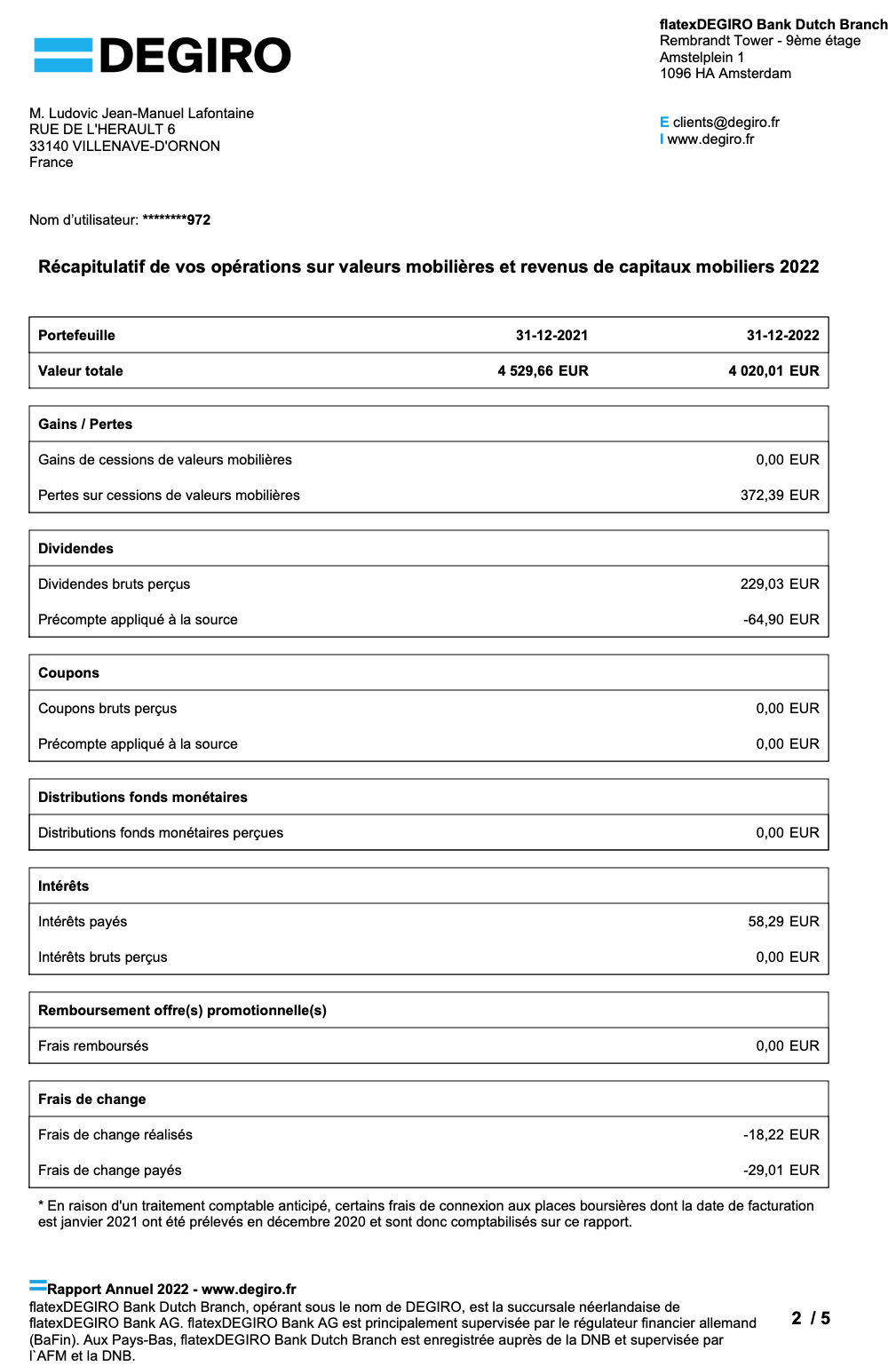 Déclarer ses gains en bourse - Exemple d'un IFU Degiro.